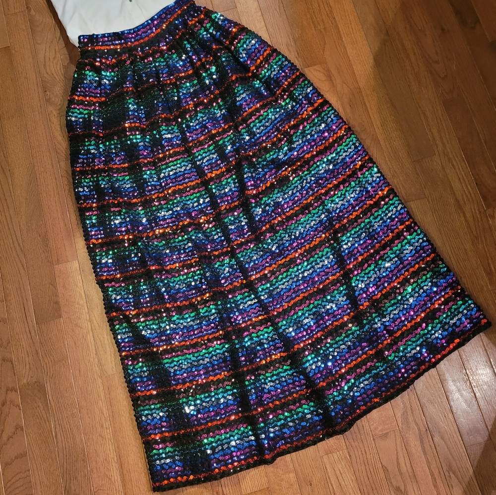 RARE Vintage Saks Black Pleated Sequin Maxi Skirt Size Small XS Dress VTG Party